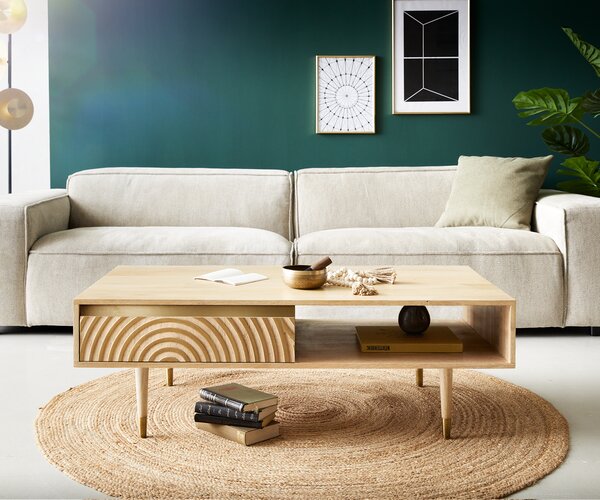 DELIFE Konferenčný stolík Budaya 115x60 cm mango prírodná 2 zásuvky podstava okrúhla