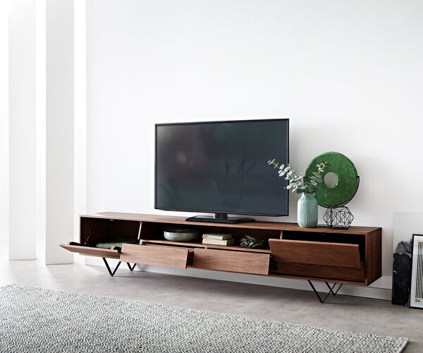 DELIFE TV stolík Eloi 240x35 cm akácia hnedá 2 dvierka 2 zásuvky podstava v tvare V čierna