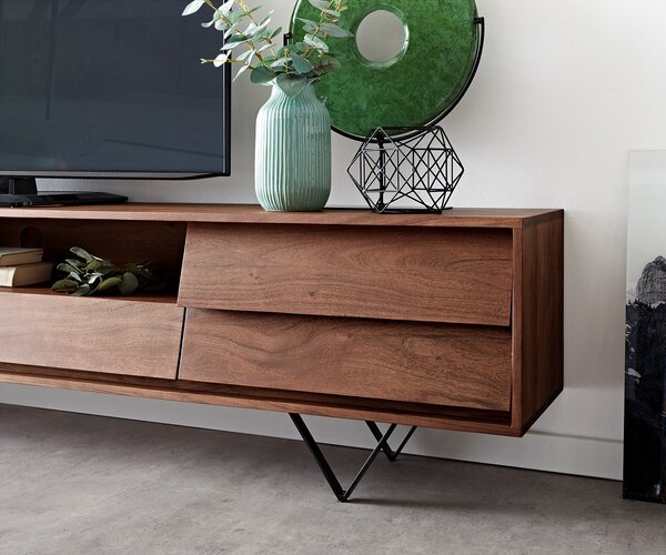 DELIFE TV stolík Eloi 240x35 cm akácia hnedá 2 dvierka 2 zásuvky podstava v tvare V čierna