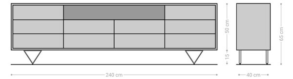 DELIFE Komoda Eloi 240x40 cm akácia hnedá 2 dvierka 6 zásuviek podstava v tvare V čierna