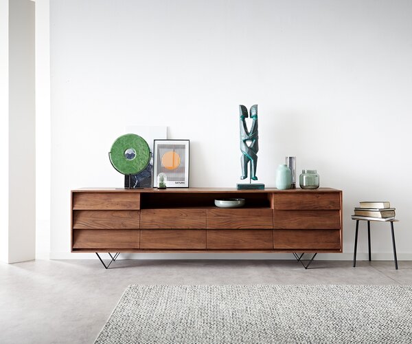 DELIFE Komoda Eloi 240x40 cm akácia hnedá 2 dvierka 6 zásuviek podstava v tvare V čierna