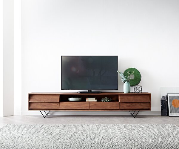 DELIFE TV stolík Eloi 240x35 cm akácia hnedá 2 dvierka 2 zásuvky podstava v tvare V čierna