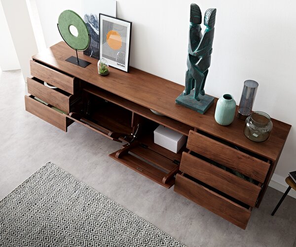 DELIFE Komoda Eloi 240x40 cm akácia hnedá 2 dvierka 6 zásuviek podstava v tvare V čierna
