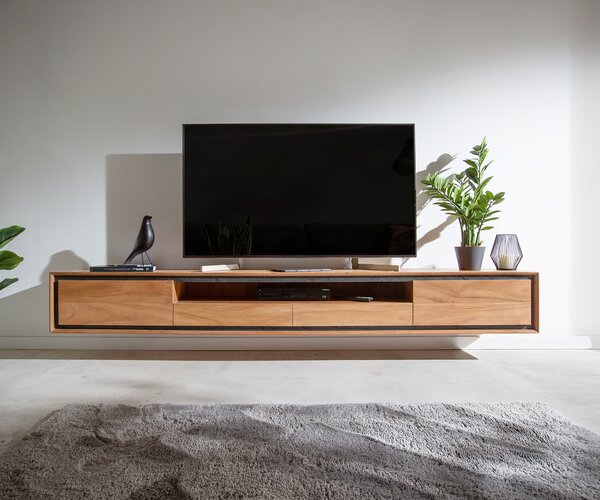 DELIFE TV stolík Stonegrace 240 cm akácia prírodná 2 dvierka 1 priehradka 2 zásuvky kamenná dyha závesný