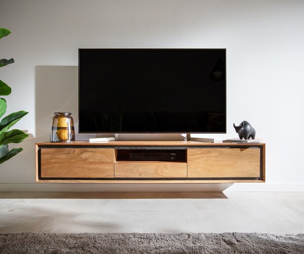 DELIFE TV stolík Stonegrace 175 cm akácia prírodná 2 dvierka 1 priehradka 1 zásuvka kamenná dyha závesný