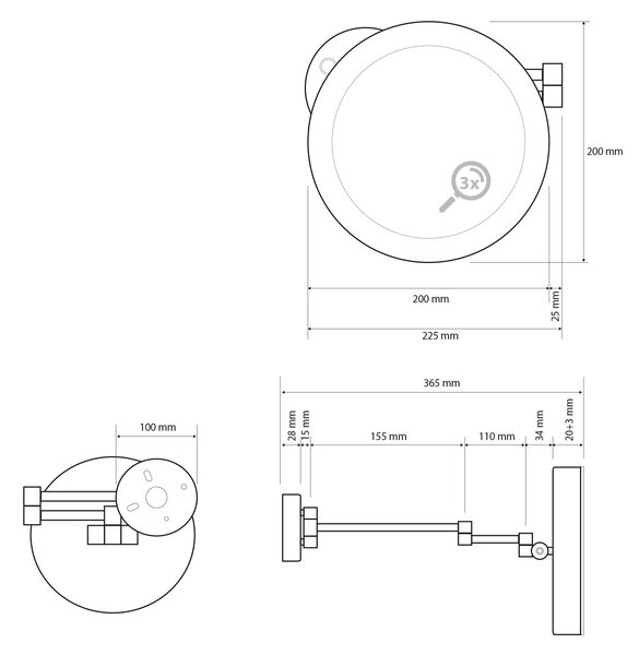 Sapho Sapho, X-ROUND BLACK závesné kozmetické zrkadlo LED, priemer 200mm, čierna, XR016B