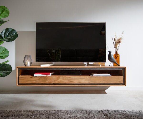 DELIFE TV stolík Stonegrace 175 cm akácia prírodná 1 priehradka 3 zásuvky kamenná dyha závesný