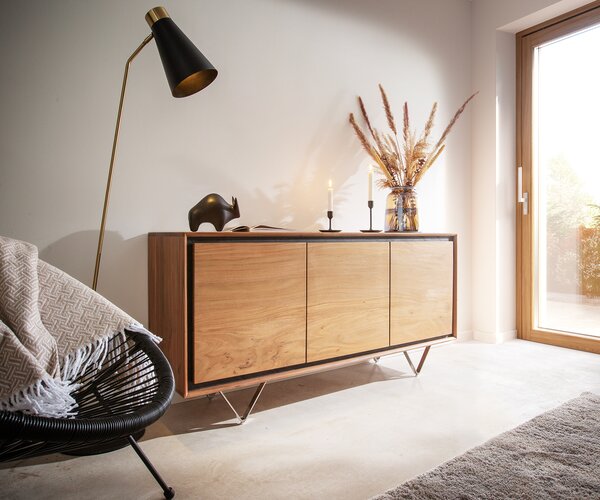 DELIFE Komoda Stonegrace 145 cm akácia prírodná 3 dvierka kamenná dyha podstava v tvare V
