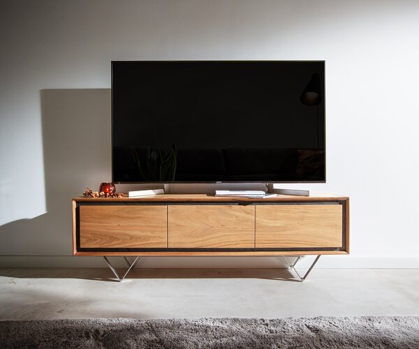 DELIFE TV stolík Stonegrace 145 cm akácia prírodná 3 dvierka kamenná dyha podstava v tvare V