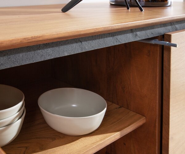 DELIFE Komoda Stonegrace 145 cm akácia prírodná 3 dvierka kamenná dyha podstava v tvare V