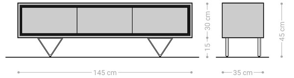 DELIFE TV stolík Stonegrace 145 cm akácia prírodná 3 dvierka kamenná dyha podstava v tvare V