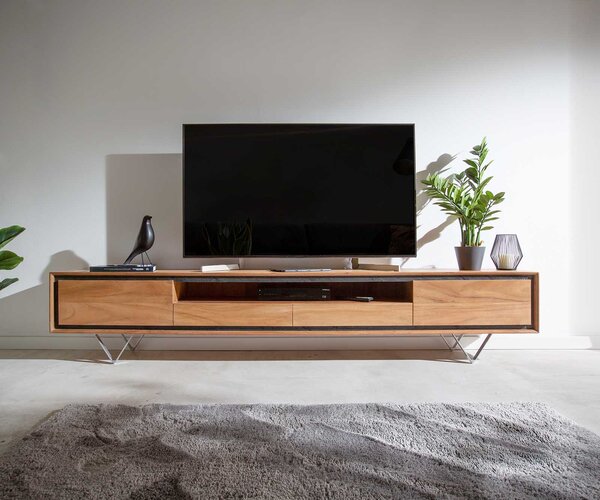 DELIFE TV stolík Stonegrace 240 cm akácia prírodná 2 dvierka 1 priehradka 2 zásuvky kamenná dyha podstava v tvare V