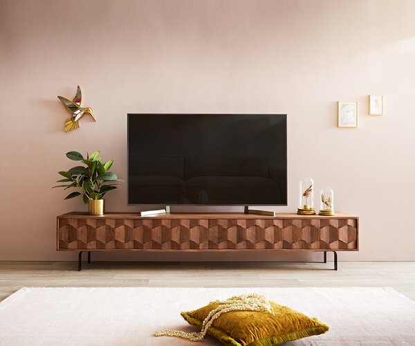 DELIFE TV stolík Fevo 220 cm akácia hnedá 4 dvierka podstava v tvare L