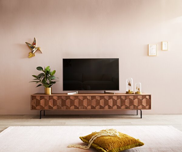 DELIFE TV stolík Fevo 200 cm akácia hnedá 4 dvierka podstava v tvare L