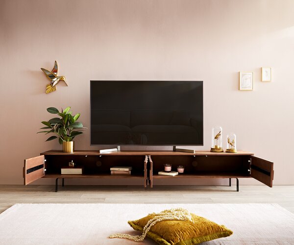 DELIFE TV stolík Fevo 220 cm akácia hnedá 4 dvierka podstava v tvare L