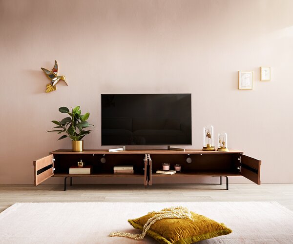 DELIFE TV stolík Fevo 200 cm akácia hnedá 4 dvierka podstava v tvare L