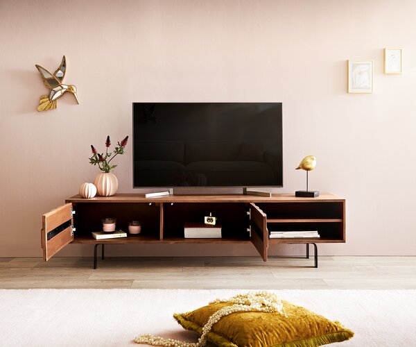 DELIFE TV stolík Fevo 160 cm akácia hnedá 2 dvierka podstava v tvare L