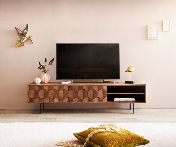 DELIFE TV stolík Fevo 160 cm akácia hnedá 2 dvierka podstava v tvare L