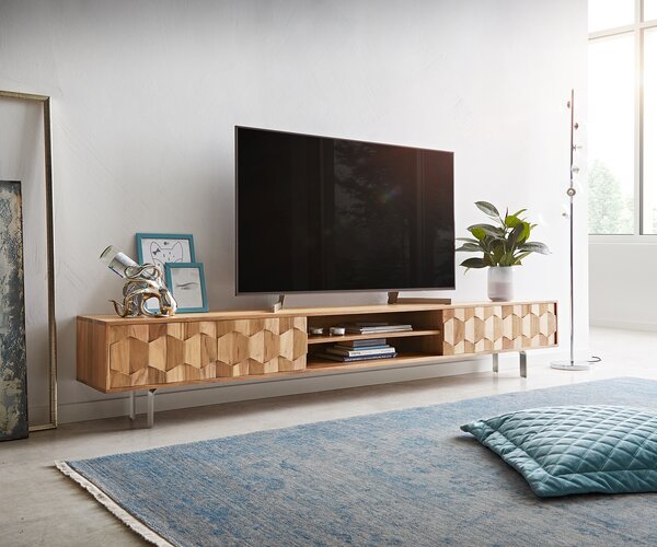 DELIFE TV stolík Fevo 240 cm akácia prírodná 4 dvierka podstava v tvare L