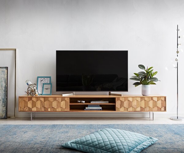 DELIFE TV stolík Fevo 240 cm akácia prírodná 4 dvierka podstava v tvare L