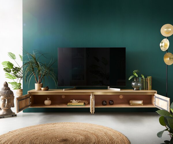 DELIFE TV stolík Budaya 220 cm mango prírodná 4 dvierka závesný