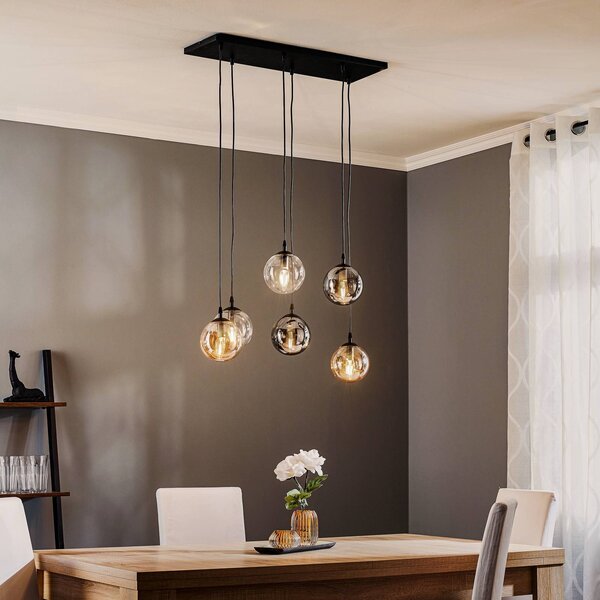 Závesné svietidlo Glassy, 6-pl., grafit/jantar/číre, sklo, 75 cm, Čierna, Obývacia izba / jedáleň, Sklo, Moderný, Závesné svietidlo
