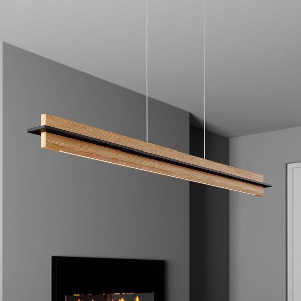 Quitani LED závesné svietidlo Lexa, dub/čierna, dĺžka 118 cm, Svetlé drevo, Obývacia izba / jedáleň, Drevo, Moderný, Závesné svietidlo