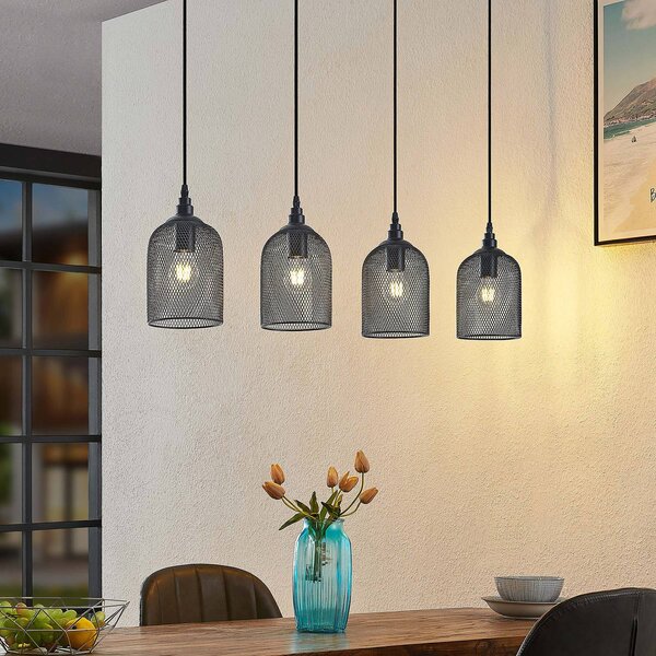 Lindby Dolcin závesná lampa sieťované tienidlá 4pl, Svetlé drevo, Obývacia izba / jedáleň, Drevo, Vintage, Závesné svietidlo