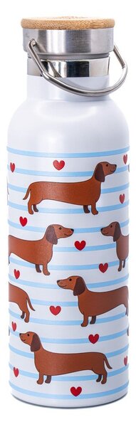Svetlomodrá/hnedá cestovná antikoro fľaša 425 ml Sausage Dog – Sass & Belle
