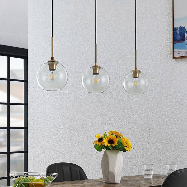 Závesná lampa Lindby Grady, mosadz/čierna, 110 cm, kov, sklo, Mosadz / zlato, Obývacia izba / jedáleň, kov, Moderný, Závesné svietidlo