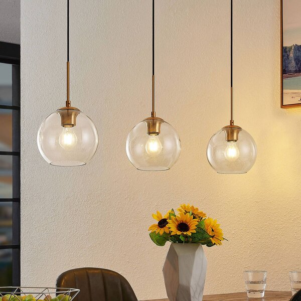 Závesná lampa Lindby Grady, mosadz/čierna, 110 cm, kov, sklo, Mosadz / zlato, Obývacia izba / jedáleň, kov, Moderný, Závesné svietidlo