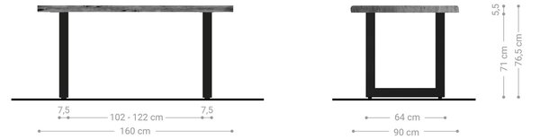 DELIFE Jedálenský stôl Edge 160x90 cm XL akácia prírodná nerezová oceľ široký Live-Edge