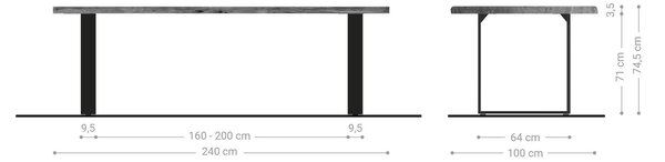 DELIFE Jedálenský stôl Edge 240x100 cm akácia prírodná nerezová oceľ úzky Live-Edge