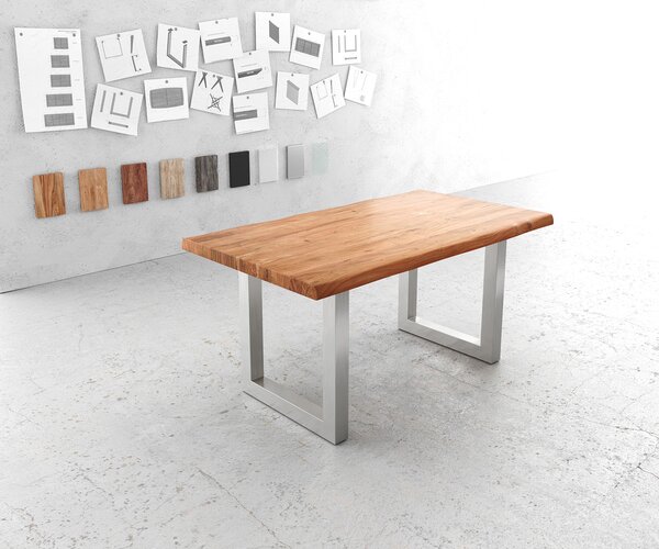 DELIFE Jedálenský stôl Edge 160x90 cm XL akácia prírodná nerezová oceľ široký Live-Edge