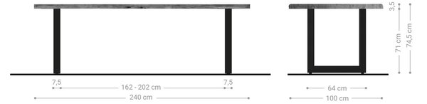 DELIFE Jedálenský stôl Edge 240x100 cm akácia prírodná nerezová oceľ široký Live-Edge