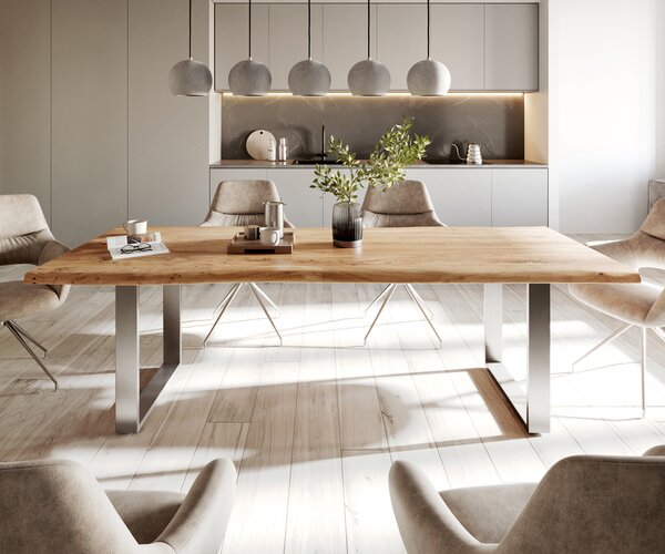 DELIFE Jedálenský stôl Edge 240x100 cm akácia prírodná nerezová oceľ úzky Live-Edge