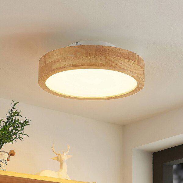 Lindby LED stropné svietidlo Lanira, Ø 30 cm, drevo, diaľkové ovládanie,, Svetlé drevo, Obývacia izba / jedáleň, Drevo, Moderný, Závesné svietidlo