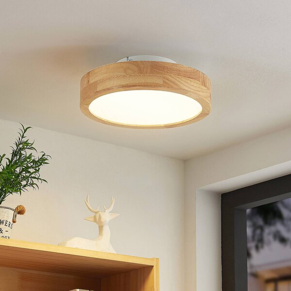 Lindby LED stropné svietidlo Lanira, Ø 30 cm, drevo, diaľkové ovládanie,, Svetlé drevo, Obývacia izba / jedáleň, Drevo, Moderný, Závesné svietidlo