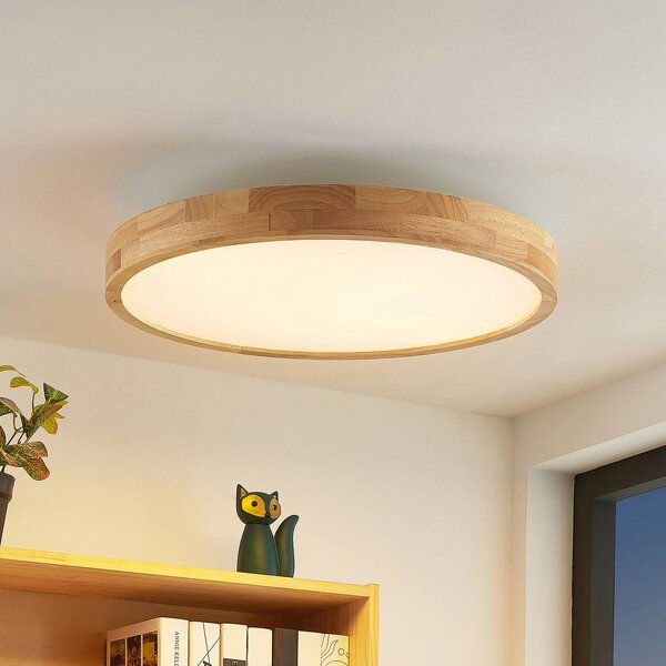 Lindby stropné LED svetlo Lanira, Ø 60 cm, drevo, diaľkové ovládanie,, Svetlé drevo, Obývacia izba / jedáleň, Drevo, Moderný, Závesné svietidlo