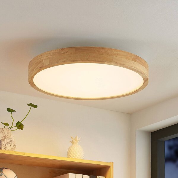 Lindby stropné LED svetlo Lanira, Ø 50 cm, drevo, diaľkové ovládanie,, Svetlé drevo, Obývacia izba / jedáleň, Drevo, Moderný, Závesné svietidlo