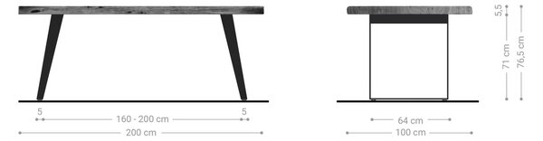 DELIFE Jedálenský stôl Edge 200x100 cm XL akácia platinová nerezová oceľ strieborná skosený Live-Edge