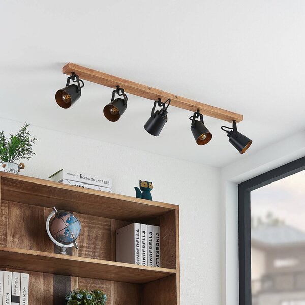 Lindby Stropné bodové svietidlo Kimban, 5 svetiel, 106 cm, drevo, kov, Tmavé drevo, Obývacia izba / jedáleň, Drevo, Moderný, Stropné svetlo