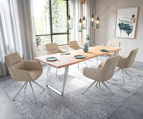 DELIFE Jedálenský stôl Edge 260x100 cm akácia prírodná nerezová oceľ strieborná skosený Live-Edge