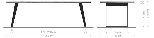 DELIFE Jedálenský stôl Edge 260x100 cm akácia prírodná nerezová oceľ strieborná skosený Live-Edge