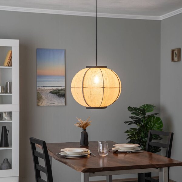 Lindby Závesné svietidlo Aurinil, farba dreva, ľan, Ø 48 cm, E27, Svetlé drevo, Obývacia izba / jedáleň, Textil / látka / hodváb, Vidiecky / Rustikálny, Závesné svietidlo