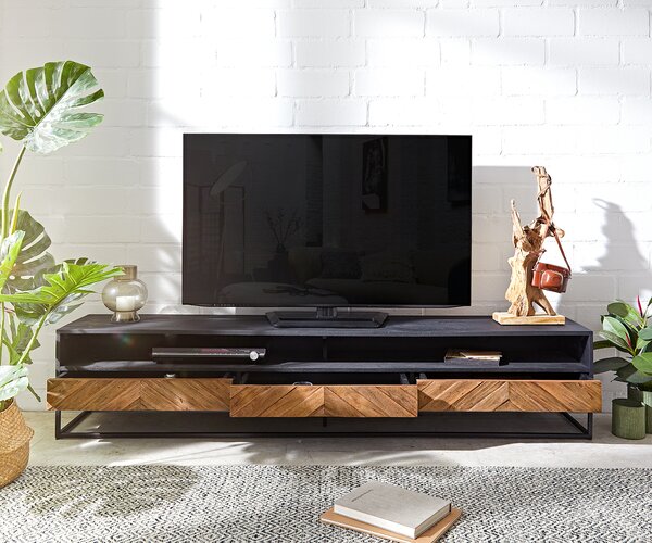 DELIFE TV stolík Famke 200 cm mango teak 2 priehradky 3 zásuvky