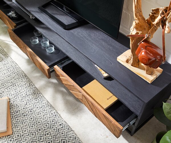 DELIFE TV stolík Famke 200 cm mango teak 2 priehradky 3 zásuvky