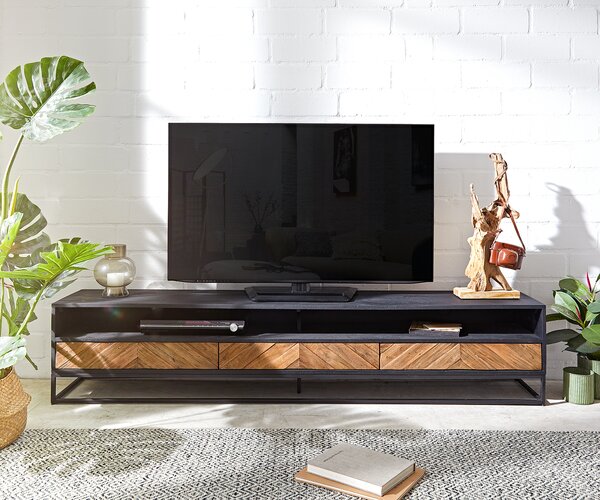 DELIFE TV stolík Famke 200 cm mango teak 2 priehradky 3 zásuvky