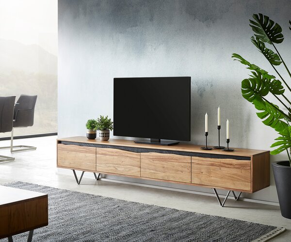 DELIFE TV stolík Stonegrace 220x35 cm akácia prírodná 4 dvierka masívna hrana