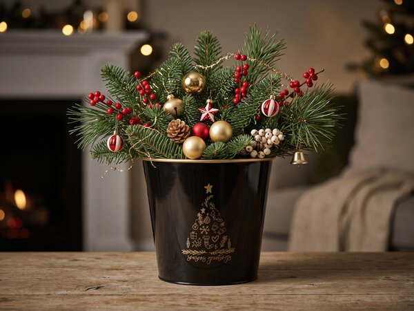 Vianočný kvetináč SEASONS GREETINGS 30 cm, čierna / zlatá